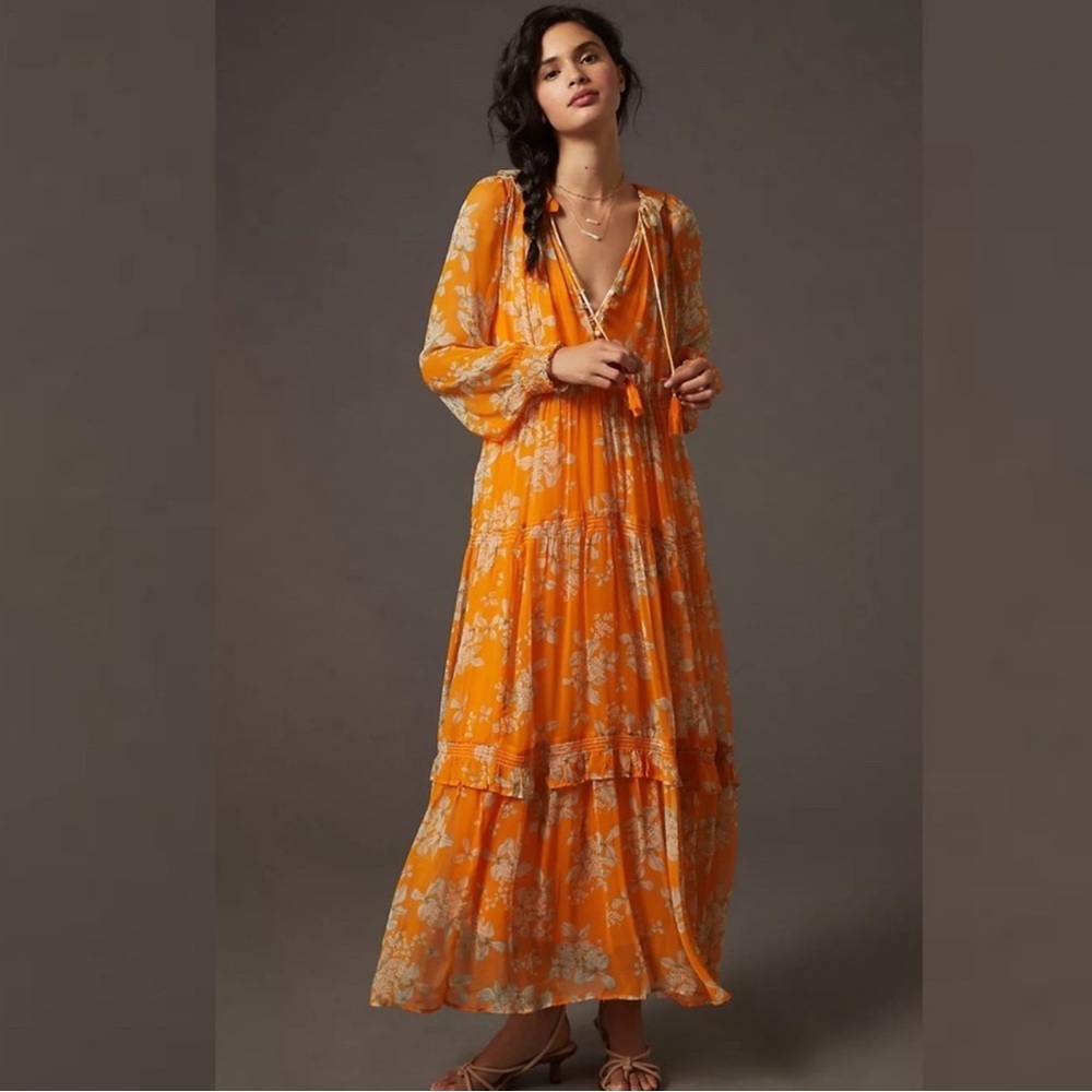 Elegant Anthropology Printed Chiffon Maxi Flowy Boho Fairy Dress 
Anthropologie